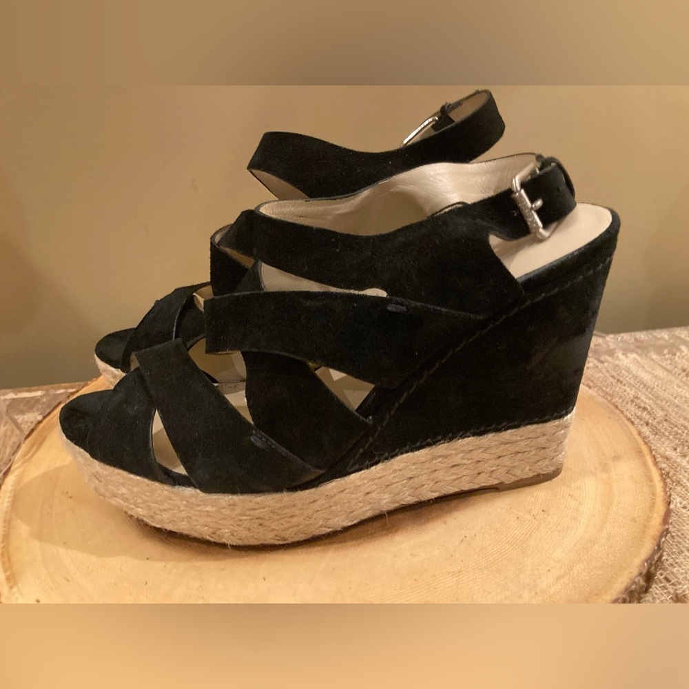 KORS MICHAEL KORS CYNTHIA Black Suede Designer Wedge‎ Platform Sandal 10M 265$ - Picture 3 of 7